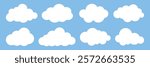 Cartoon clouds on a blue sky. Eight fluffy clouds, simple and white. Clouds in a row, clouds in a pattern. Weather illustration, vector set.
