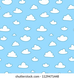 Cartoon clouds on blue sky seamless pattern. Vector illustration