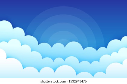 Cartoon clouds on blue sky. Cumulus fluffy clouds. Cloudscape in blue sky. Abstract sunburst rays. Atmospheric background. Puffy cloudy weather. Vector