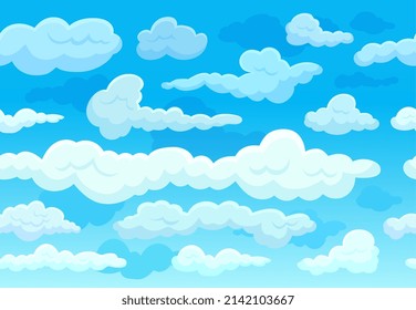 Cartoon clouds on blue sky. White cloud flying print, simple aerial landscape. Natural border, spring summer cloudy weather. Heaven neoteric vector seamless pattern