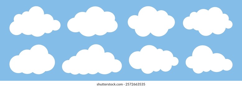 Cartoon clouds on a blue sky. Eight fluffy clouds, simple and white. Clouds in a row, clouds in a pattern. Weather illustration, vector set.