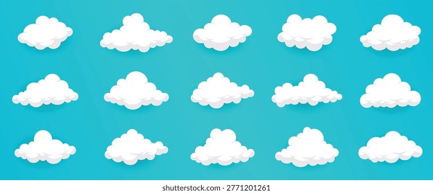 Cartoon clouds on a blue sky. Fifteen fluffy white cloud shapes, soft weather icons, cute cloud collection. Vector illustration set for forecast, design, background and decoration.