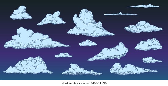 Cartoon clouds on night sky in vintage retro style. Vector illustration.