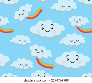 Cartoon clouds seamless pattern on light blue sky background. Vector EPS 10 illustration for kids fabric or backdrop and textile
