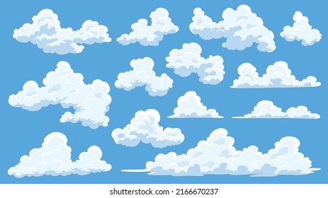 Cartoon Clouds Set. Abstract White Cloudscape Icon Symbols. Vector Cloudy Landscape Or Simplicity Nature Aerial Panorama. Various Round Shapes In Flat Style. Clouds Collection