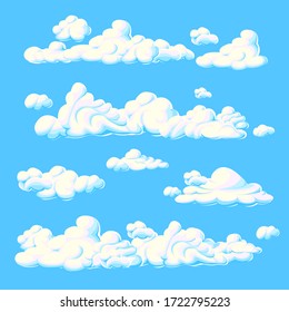 Nubes de dibujos animados. Un grupo de nubes blandas y onduladas sobre un fondo azul. Ilustración vectorial.