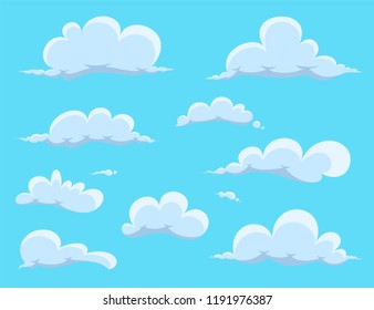 Cartoon Clouds Set isolated on blue background. Vector collection of clouds for web, cartoon, poster, banner and wallpaper. White clouds illustration in the same style.