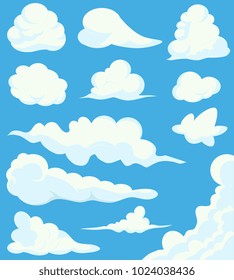 Cartoon Clouds Set On Blue Sky Background. Illustration of a collection of various vector cartoon clouds on a blue sky background, white cloud illustration. Vector illustration