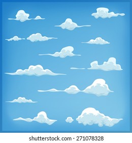 Cartoon Clouds Set On Blue Sky Background/
Illustration of a set of funny cartoon clouds, smoke patterns and fog icons, for filling your sky scenes or ui games backgrounds