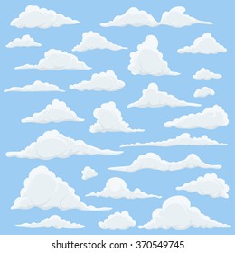 Cartoon Clouds Set On Blue Sky Background. Set of funny cartoon clouds, smoke patterns and fog icons, for filling your sky scenes or ui games backgrounds. Vector