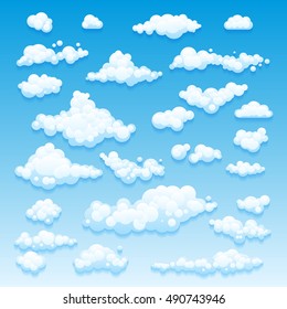 Cartoon Clouds Set On Blue Sky Background. Set of funny cartoon clouds, smoke patterns and fog icons, for filling your sky scenes or ui games backgrounds. Vector art