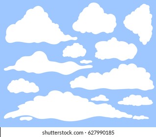 Cartoon clouds set on blue sky background. Collection of funny smoke and fog icons, for filling your sky scenes or ui games backgrounds. Vector art illustration.