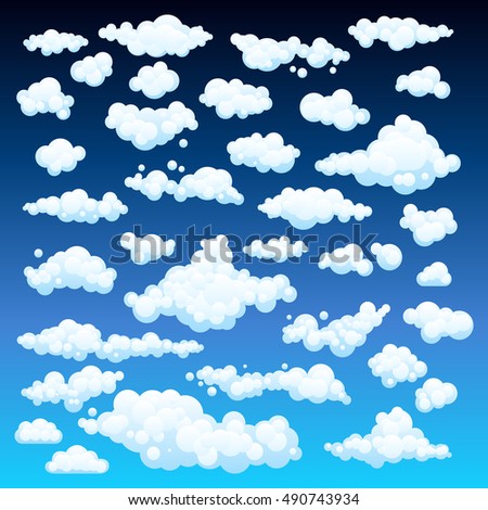 Cartoon Clouds Set On Blue Sky Background. Set of funny cartoon clouds, smoke patterns and fog icons, for filling your sky scenes or ui games backgrounds. Vector art