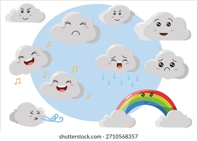 Nubes de dibujos animados que muestran varias expresiones de Clima: sol, lluvia, viento, sonriente y frunciendo el ceño