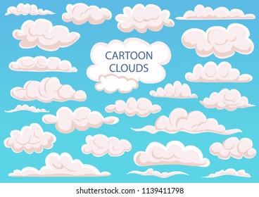 Cartoon clouds at sky. Big set difference shape clouds. Blue sky background. Collection isolated funny cartoon cloudy. Vector illustration sky for game design or landscape nature in park.