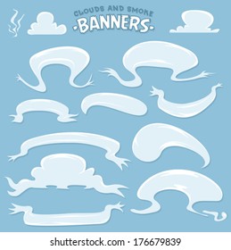 Cartoon Clouds And Smoke Banners/ Illustration of a set of funny cartoon clouds and smoke banners, also as speech bubbles for message and announcement on sky background