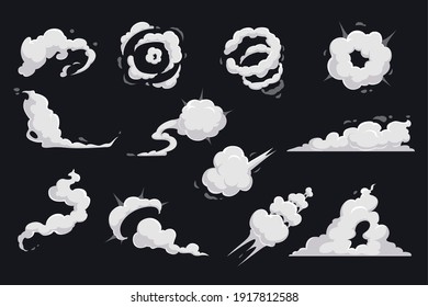 Cartoon clouds of smoke and explosion vector design of comic book. Dust speed trail, cloud puff and steam, fire blast, fog, vapor, smog and fume flow motion effects on black background