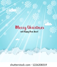 The cartoon clouds and snow falls on blue background. Winter time. Christmas and New Year eve