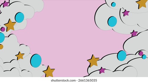Las nubes de dibujos animados, las estrellas y los círculos enmarcan un fondo rosa.