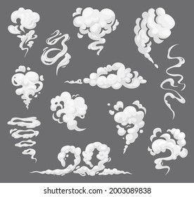 Cartoon clouds, steaming smoke flows, steam explosions smog and smoke clouds, vector icons. Fog smoke, mist steam clouds with white smog effect, spooky dust explosion of puff vapor