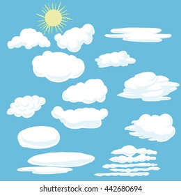 Cartoon clouds and sun. Illustration on blue background.