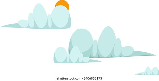 Cartoon clouds with sun isolated on white in blue and yellow colors. Vector illustration.