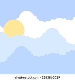 Cartoon clouds sun. Sunny day sky scene cartoon. Vector illustration.