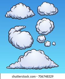 Nubes de dibujos animados. Ilustración de imágenes prediseñadas vectoriales con gradientes simples. Cada una en una capa separada. 