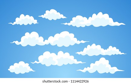 Cartoon clouds vector set. Blue sky with white clouds. Vector Illustration.