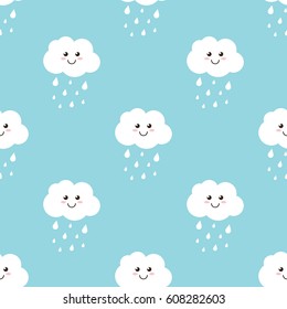Cartoon clouds with water drops, rain seamless pattern background.