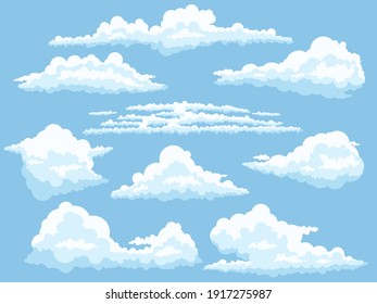 Cartoon Clouds. White Cloud On Blue Sky Isolated Vector Illustration Set