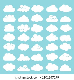 Cartoon clouds. White cumulus cloud shapes on blue sky background vector illustration