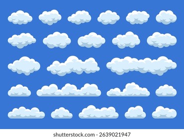 Cartoon clouds. White cumulus clouds on blue sky, soft and peaceful cloudscape elements. Fluffy cloud shapes, fantasy cumulus for sky landscape. Sunny day nature and weather vector comic set.
