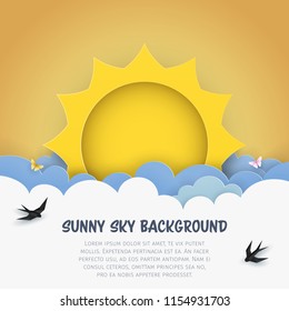 Cartoon cloudscape background with sun, clouds, flying birds, butterflies. Cloudy scenery background. Craft, paper art , minimal design.  Kids bedroom, baby nursery wallpaper. Vector Illustration. 