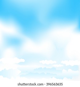 Cartoon cloudy background on blue mesh sky. Simple gradient clouds and place for text on sky background