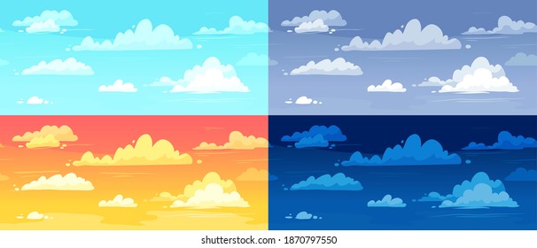 Cartoon cloudy skies in different parts of day background illustration set. Morning, evening and night landscape with gradient sky. Colorful dar and light heaven in summer, winter, autumn and spring