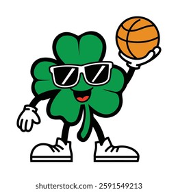 Cartoon Clover Character Playing Basketball