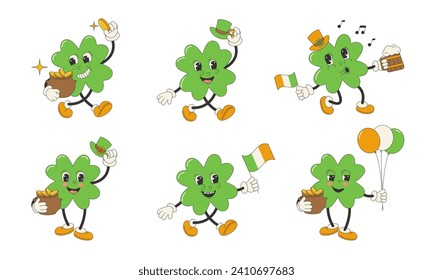 Cartoon clover leaf character in groovy style.St. Patrick's Day.Set isolated on white background.Vector stock illustration.