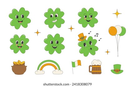 Cartoon clover leaf character in groovy style.St. Patrick's Day.Set isolated on white background.Vector stock illustration.	
