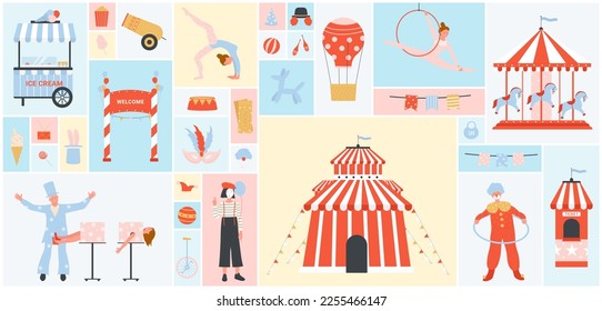 Cartoon clown, chapiteau tent, carousel, acrobat and magician, booth with tickets and ice cream in square collage background. Amusement park, carnival fair. Cute circus set vector illustration.