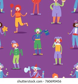 Cartoon clown character funny circus man clownery colorful friendly costume male clownish artist vector illustration seamless pattern background