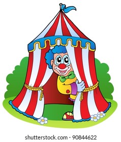 Cartoon clown in circus tent - vector illustration.