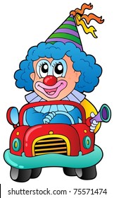 Cartoon clown driving car - vector illustration.