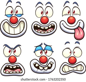 Cartoon clown face with different expressions. Vector clip art illustration with simple gradients. Some elements on separate layers.
