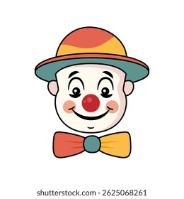 Cartoon clown face with a hat and a big smile. Cheerful clown character. Vector Illustration