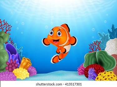 Cartoon Clown Fish with beautiful underwater world