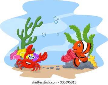 Cartoon clown fish and crab with corral and anemone background