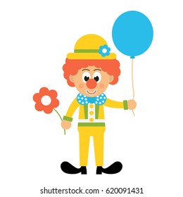 cartoon clown with hat and balloon and flower