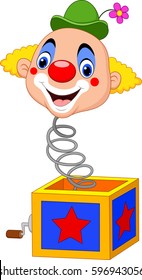 Cartoon clown head coming out of the box