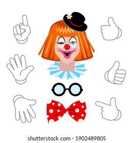 Cartoon Clown head with hands variations and accessories. Vector icon for design birthday party, poster, banner, card, web site